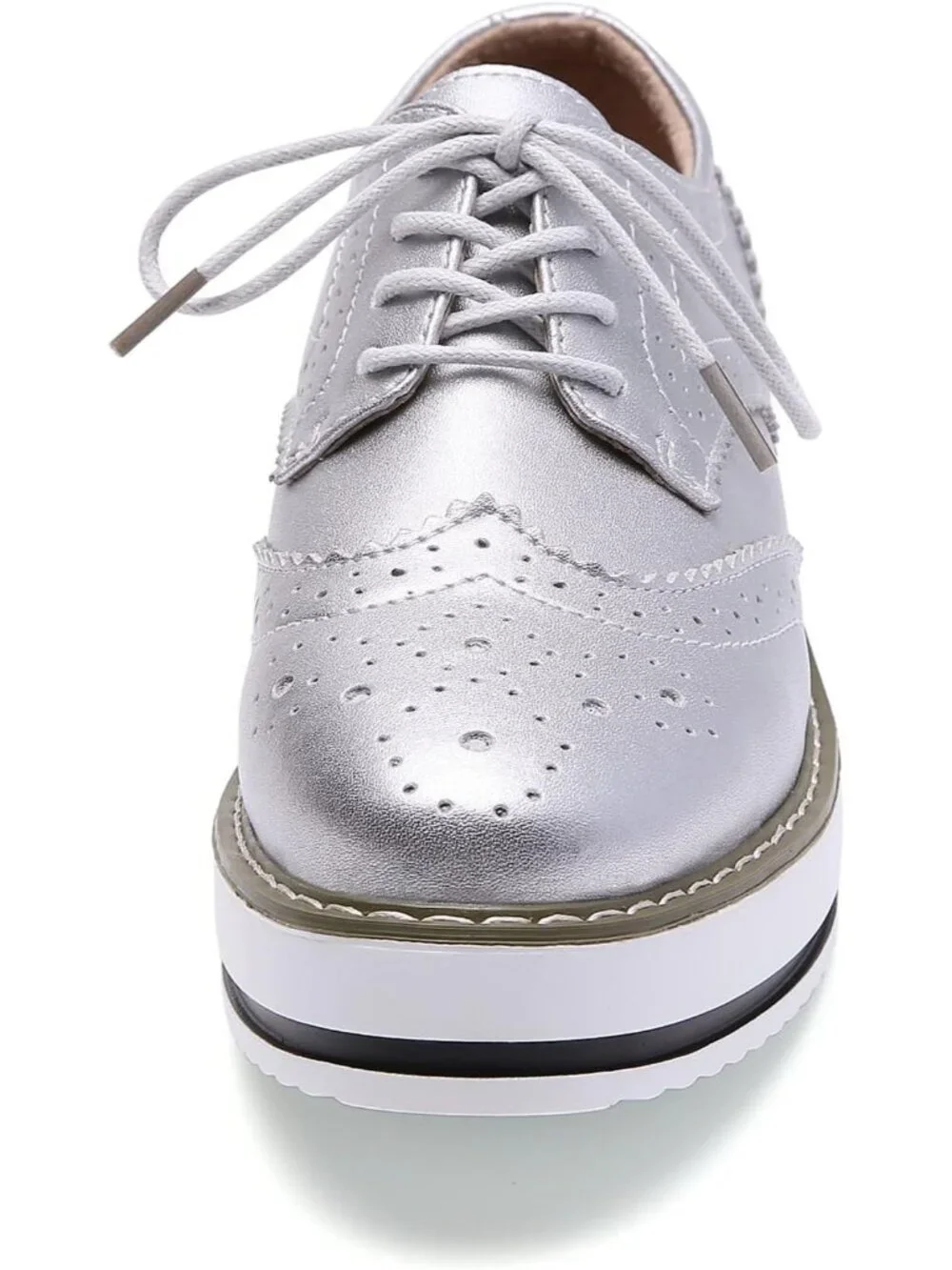 Women's Sliver Round Toe Lace Up Leather Oxford Shoes Wingtip White Platform
